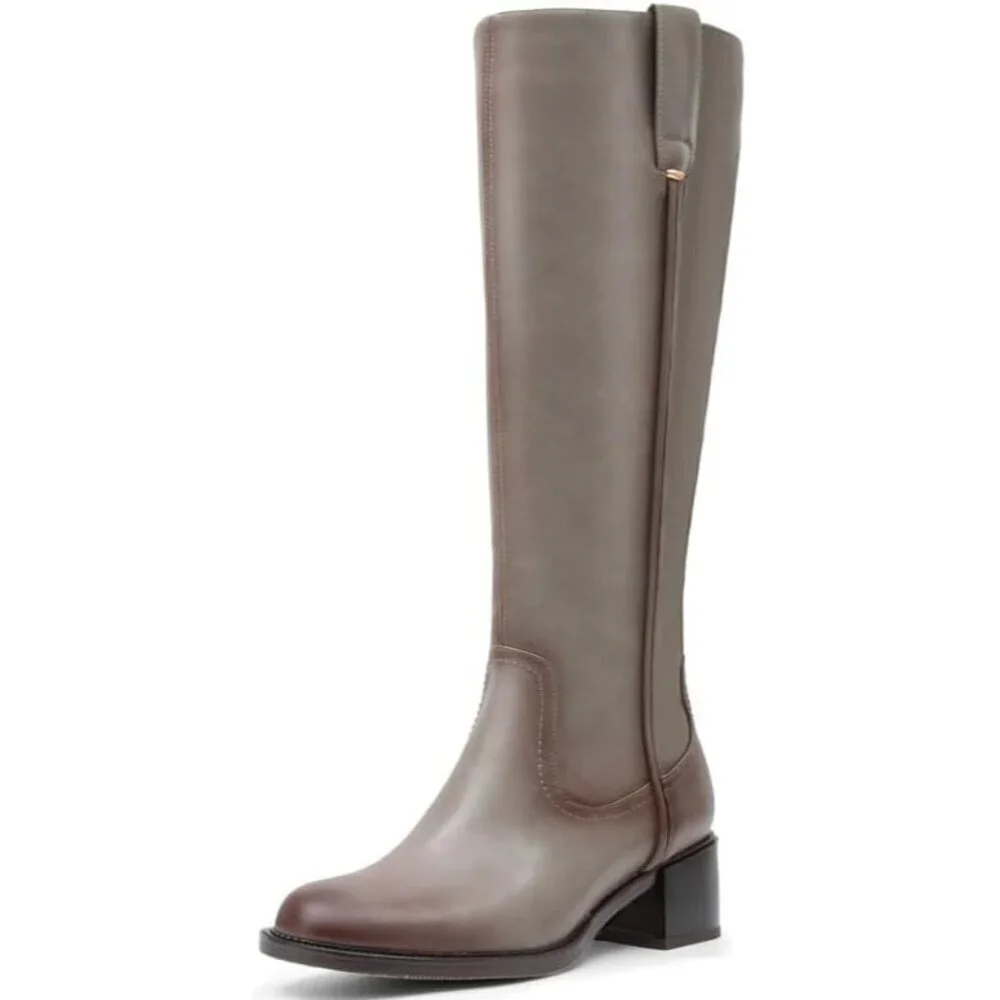 Women's Grey Chunky Low Block Heel Round Toe Faux Leather Knee High Boots